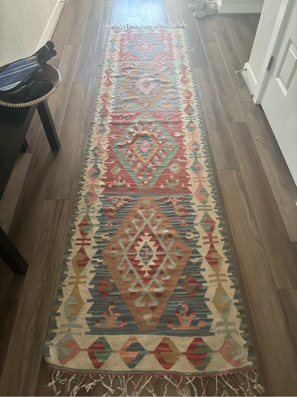 Handwoven Geometric Kilim Runner Rug - Multicolor nwot Navajo wool